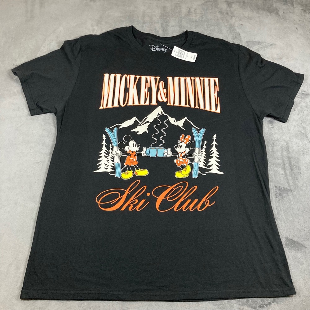 Disney Mickey Minnie Ski Club Graphic T-Shirt Black XL New